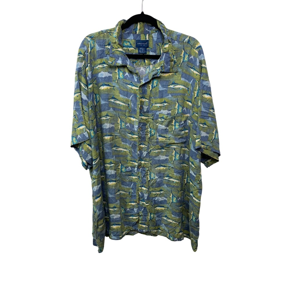 Vtg Town Craft Marlin Fish Print Rayon Camp Shirt Men 3XL Blue Green 90s Dadcore